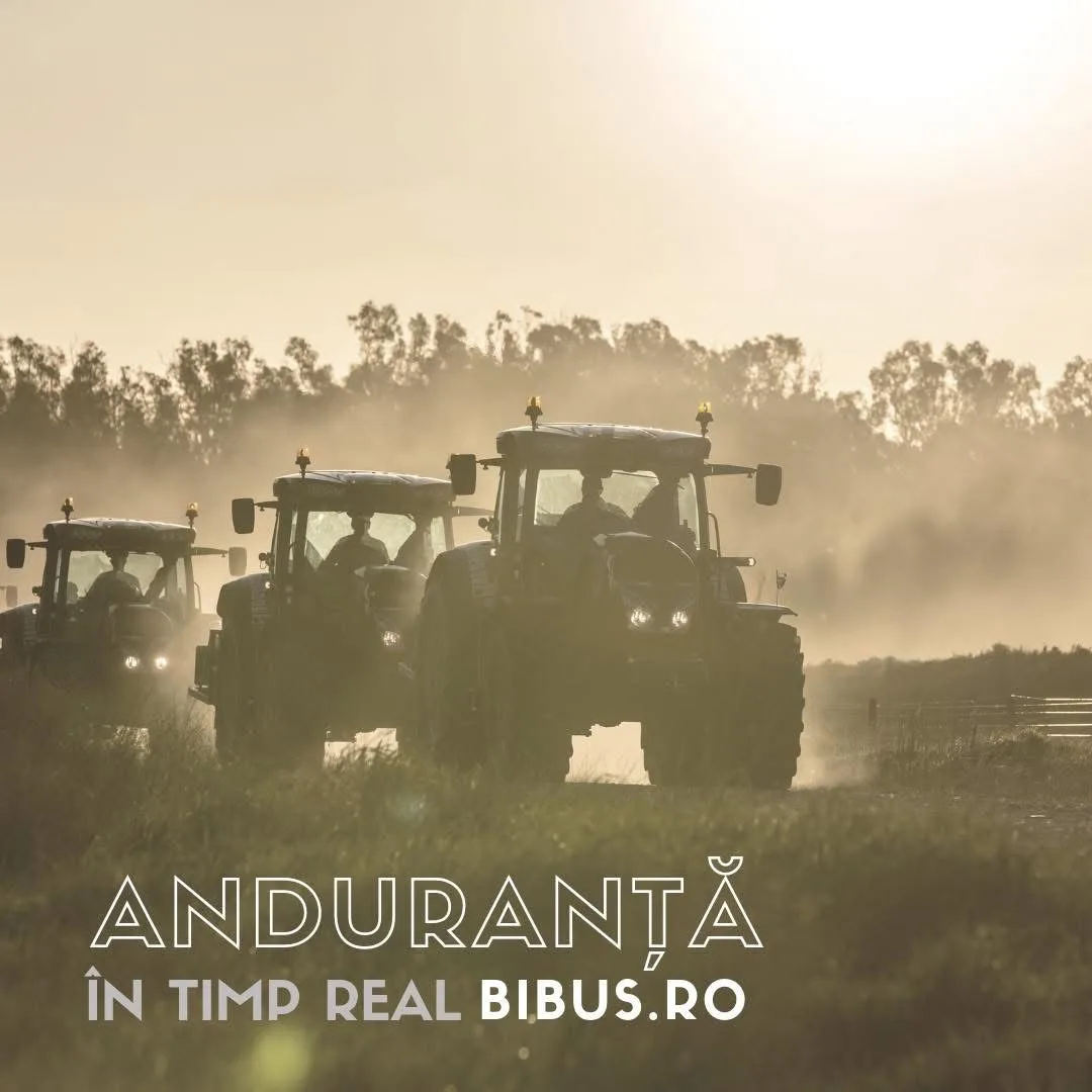 Three tractors in a dusty field, with the text “Anduranță în timp real · BIBUS.RO” (endurance in real time)