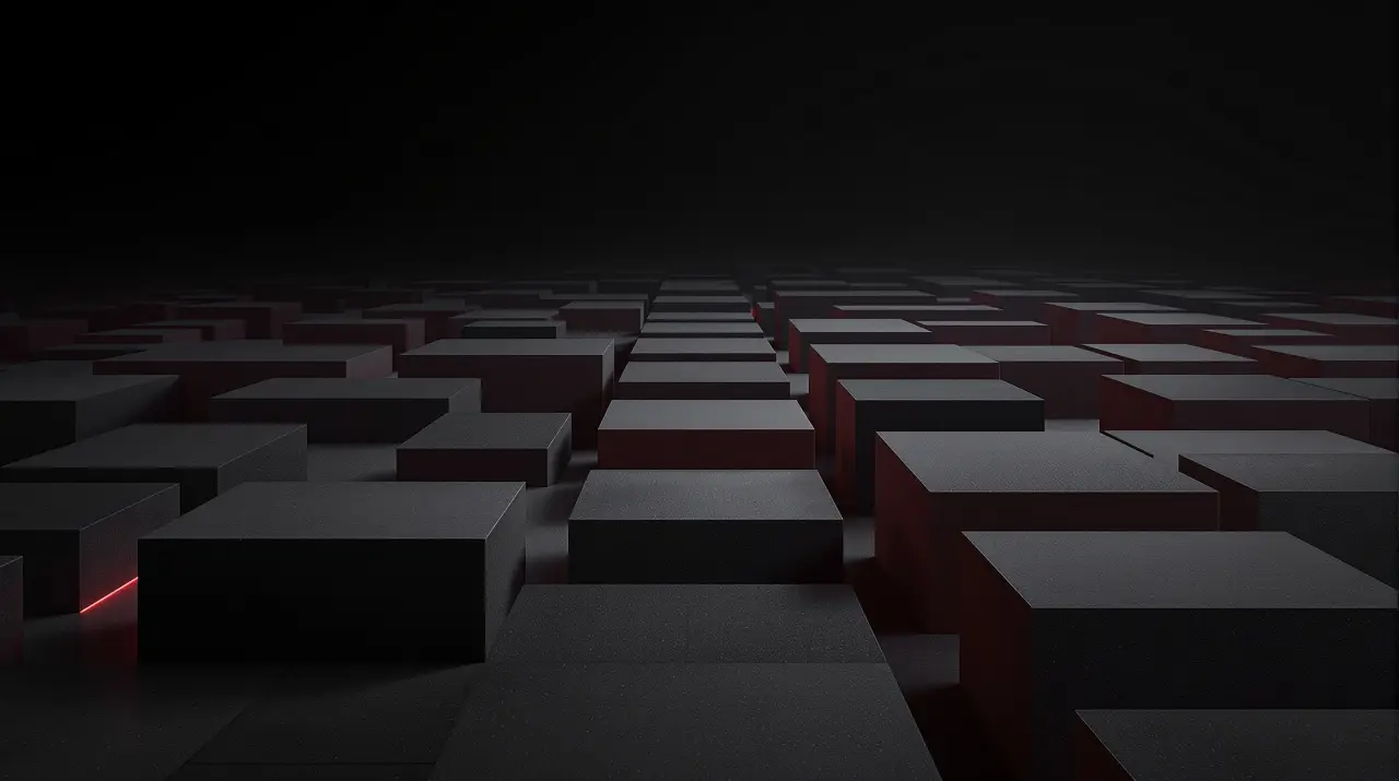A gray block expands into a connected architectural foundation, with red edges