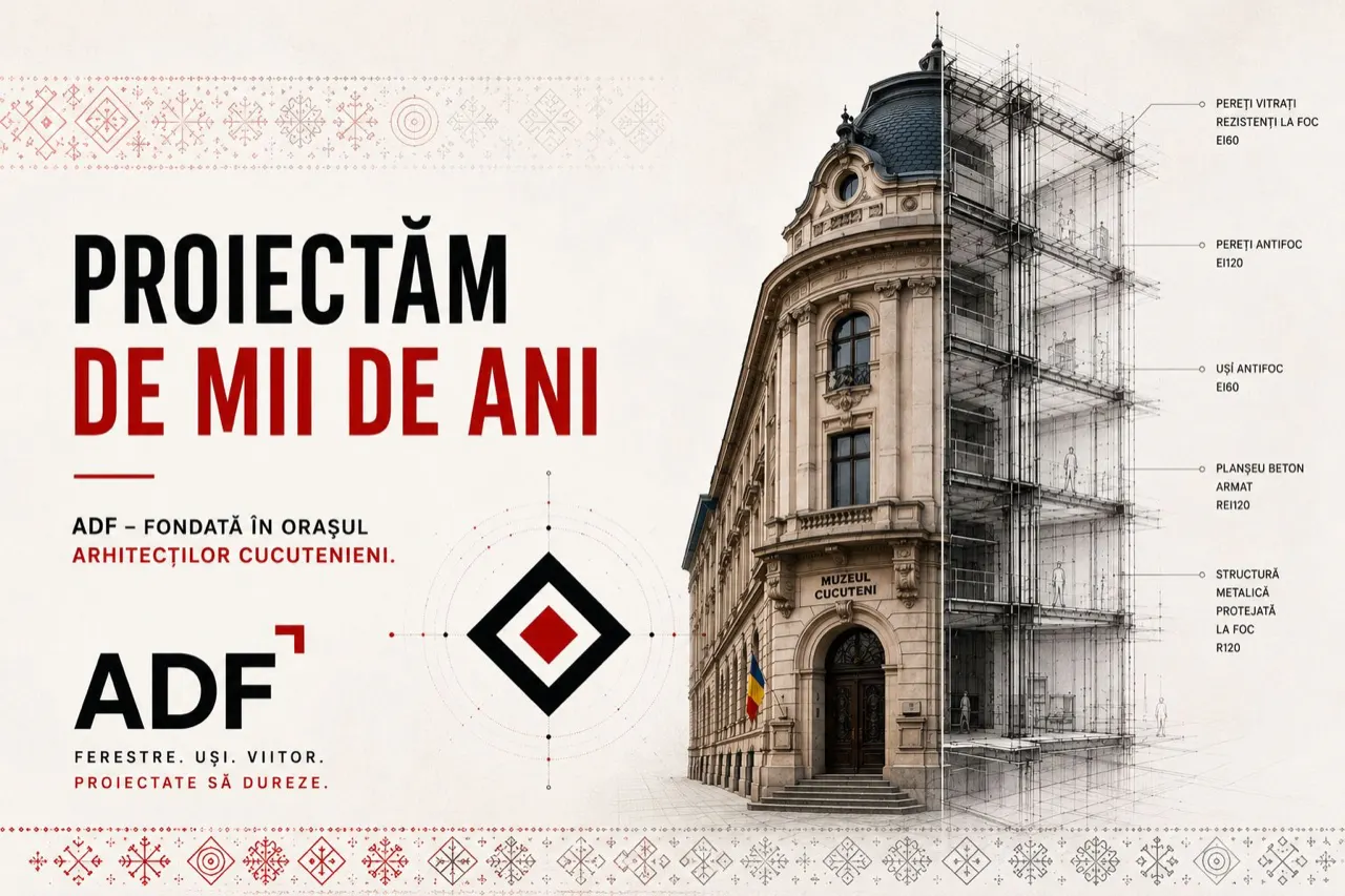 Billboard from the Fereastra ADF „We design" campaign. The differentiator the deck resolves is EI120-certified fire-resistant joinery, carried by the Cucuteni origin in Piatra Neamț.