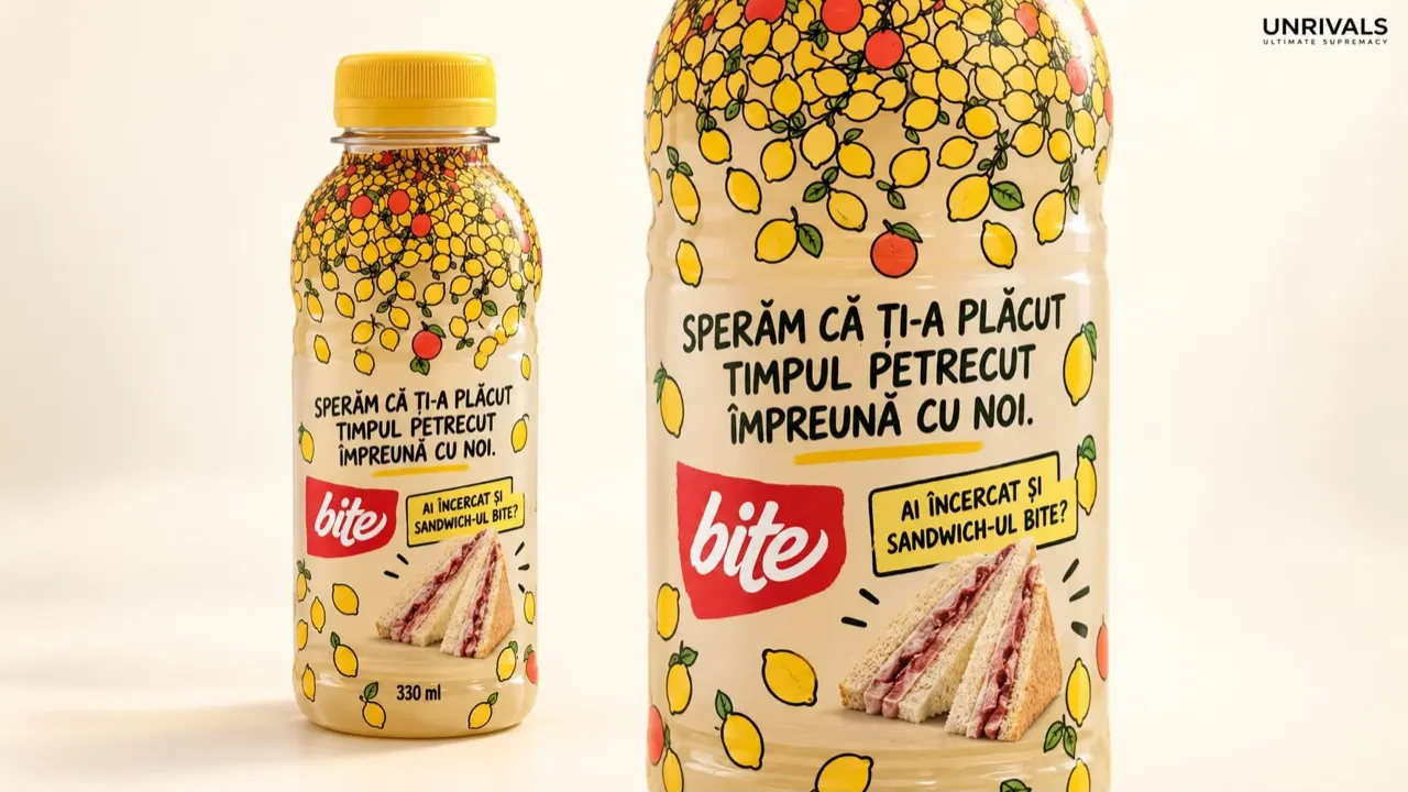 Plate from the Pleuro Ind deck: BITE lemonade used to cross-sell the sandwich. The differentiator the deck resolves is packaging as media, which moves the conversation from listing to rotation.