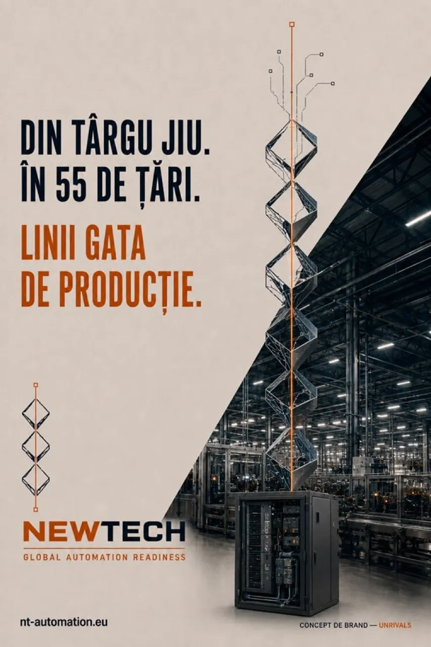 Plate from the NewTech Automation deck: „From Târgu Jiu. To 55 countries. Lines ready to produce.", with Brâncuși's Endless Column built into the brand's visual element. The differentiator the deck resolves is Global Automation Readiness, the territory between delivered equipment and a line in production.