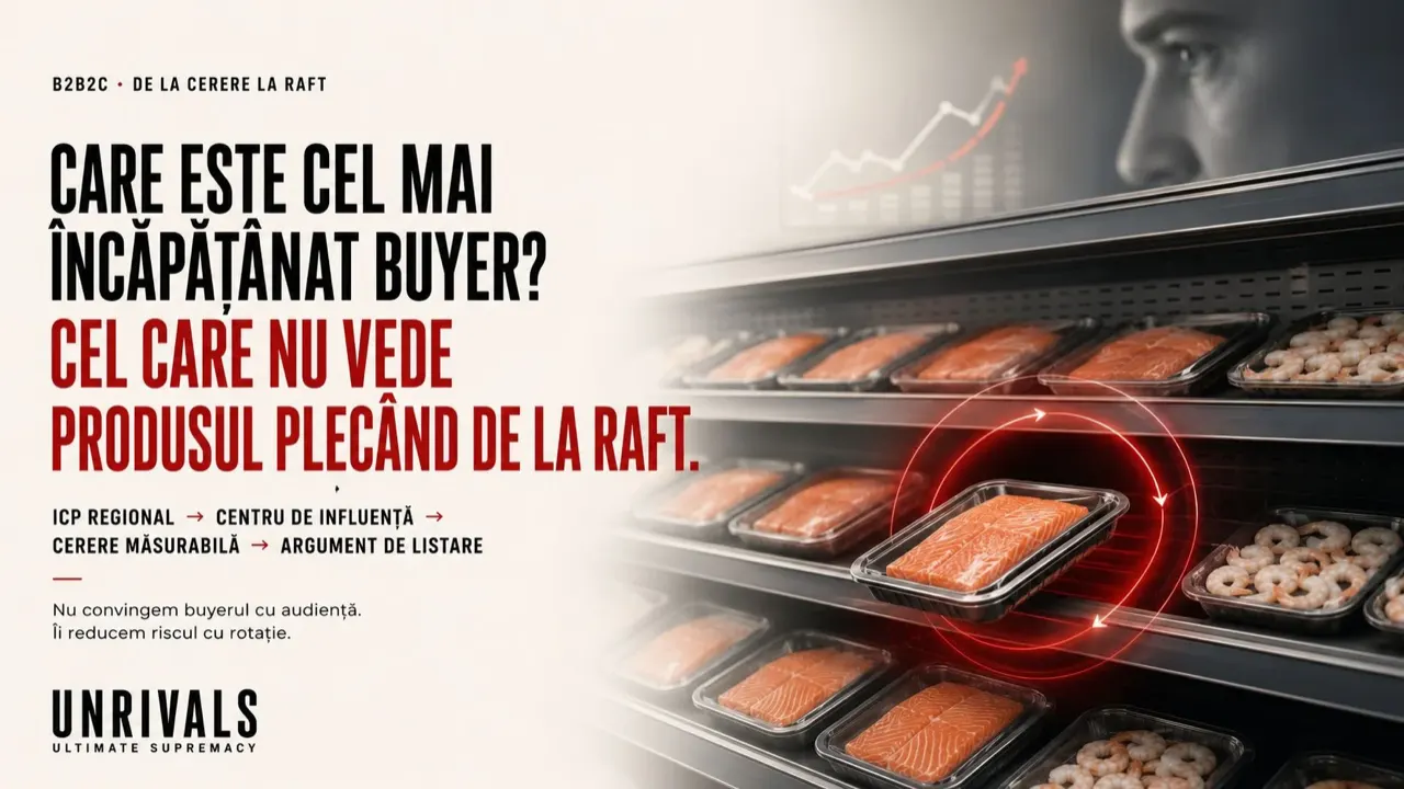 Plate from the Pescado Grup deck: the buyer in front of the shelf. The differentiator the deck resolves is packaging as media, salmon selling prawns and prawns selling salmon, that is basket value instead of the individual SKU.