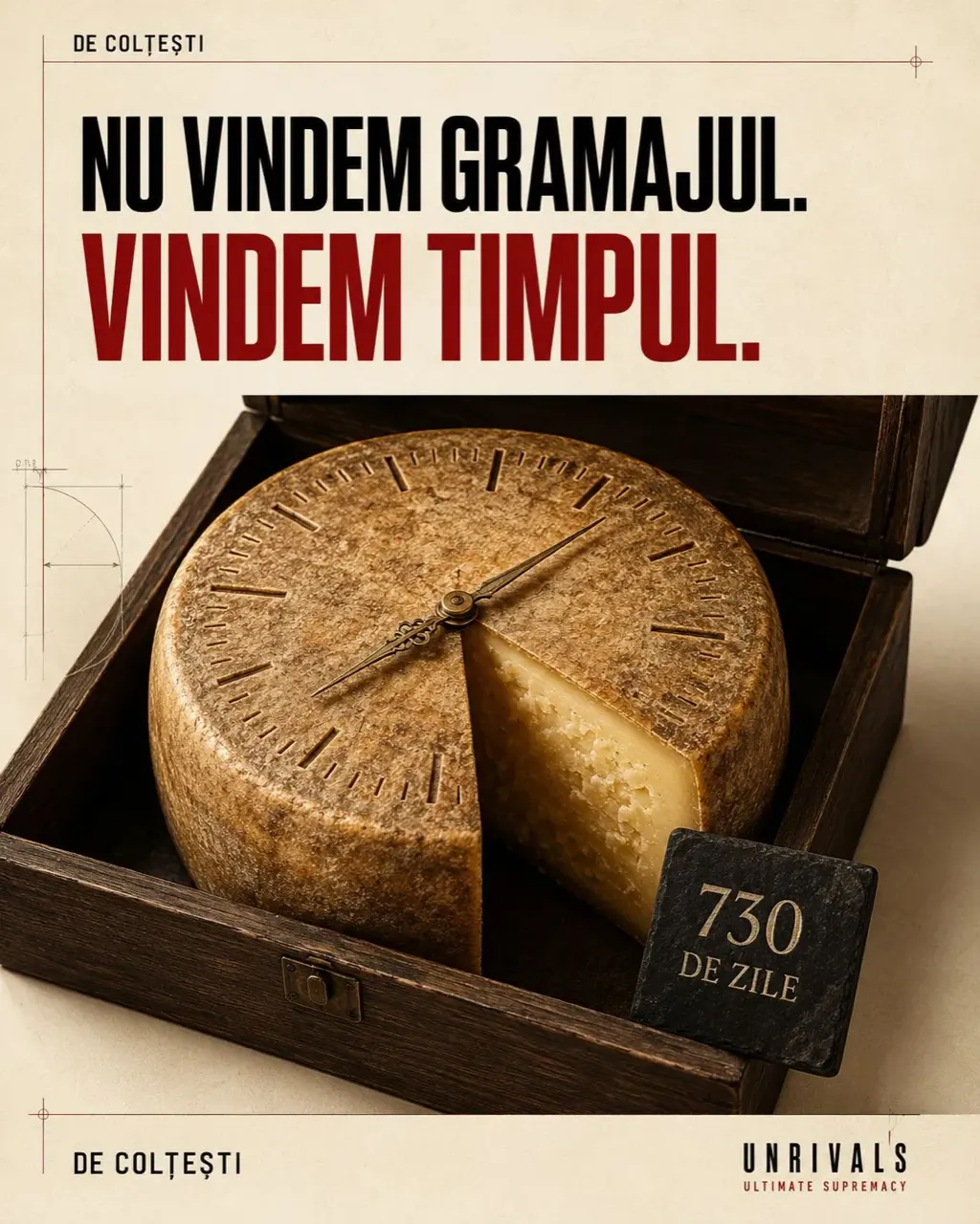 Closing plate from the De Colțești deck: grammage is not the measure of the product, maturation time is. The differentiator the deck resolves is the number of days as a new basis for comparison.
