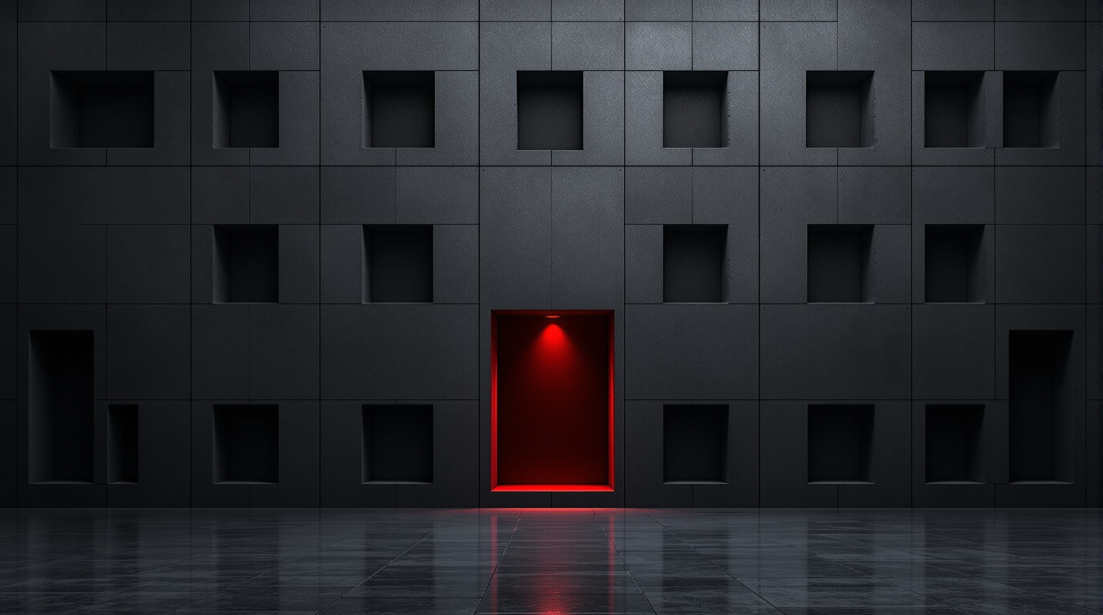 Dark concrete wall with a grid of identical empty niches, only one of them lit in red