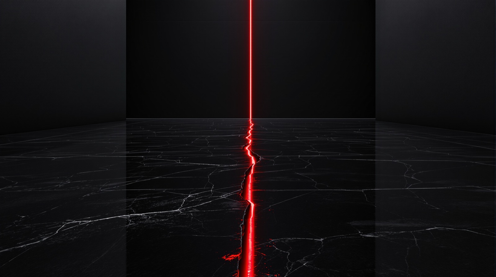Polished black stone floor, flawless on the surface, crossed by a single crack with red light rising from below