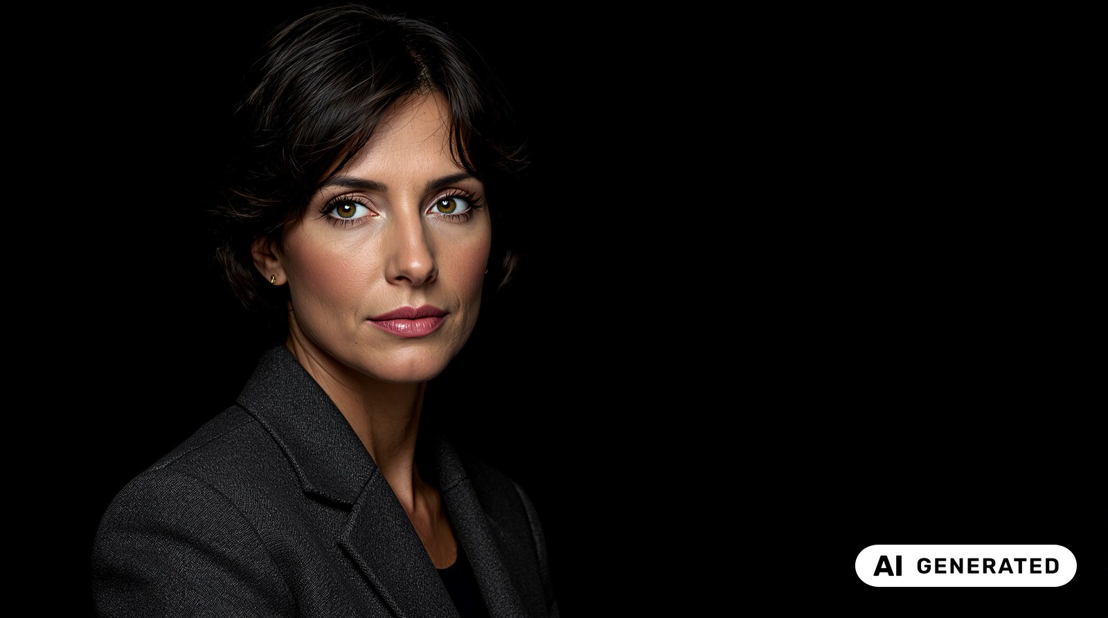 Photorealistic portrait of a woman who does not exist, AI-generated, carrying the official EU AI GENERATED label in the lower right corner