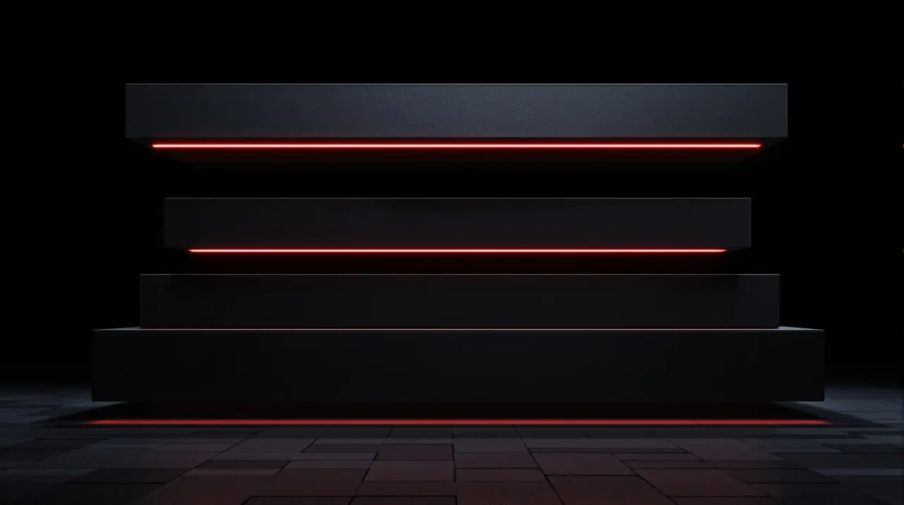Four horizontal layers of dark concrete, connected by a vertical red line