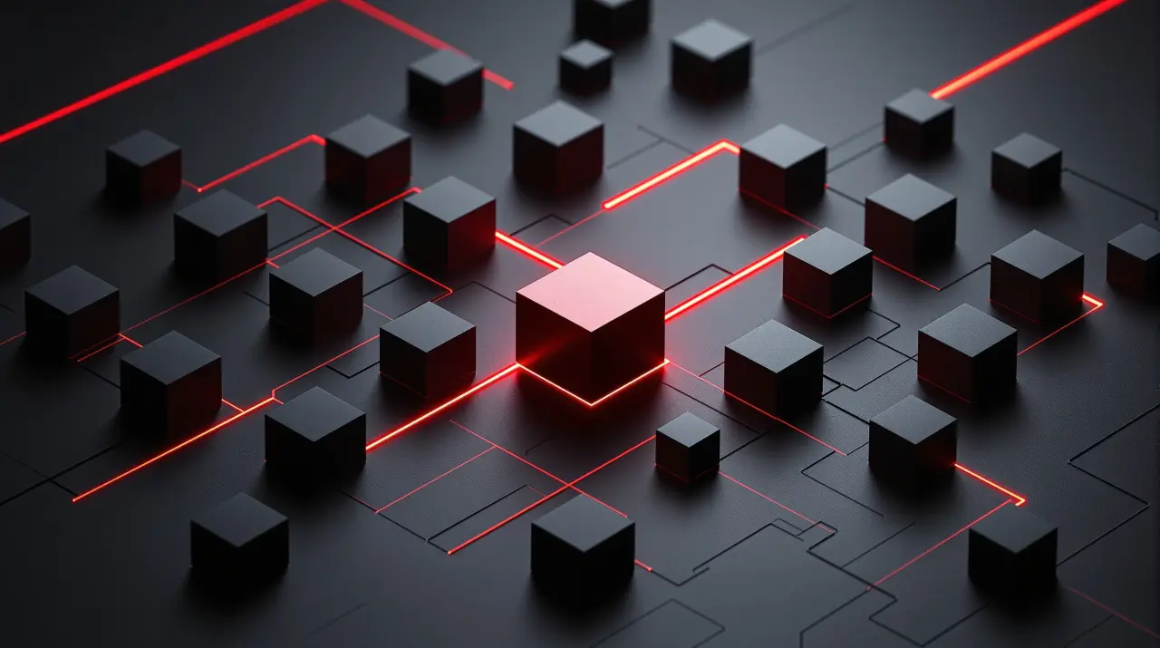 Gray modules connected into a single system, a red node tying the network together