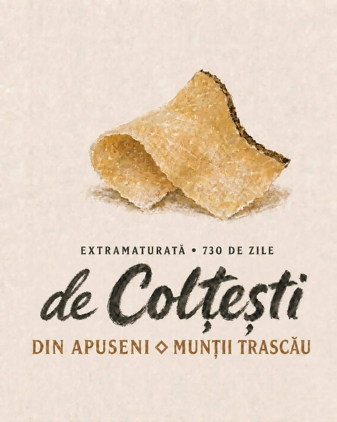 The proposed lockup for De Colțești, with the hand-written signature 'de Colțești,' the line 'extra-matured, 730 days' above it and 'from Apuseni, the Trascău Mountains' below it, over a hand-painted slice of matured cheese on a paper background.