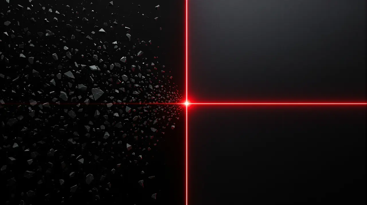 Chaotic gray fragments arrange into a grid, a red line marks the order