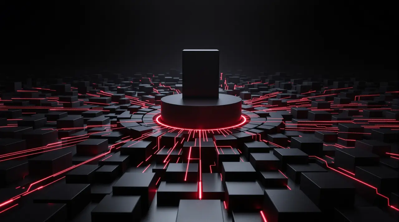 A central monolith receives red lines of data from a field of gray blocks