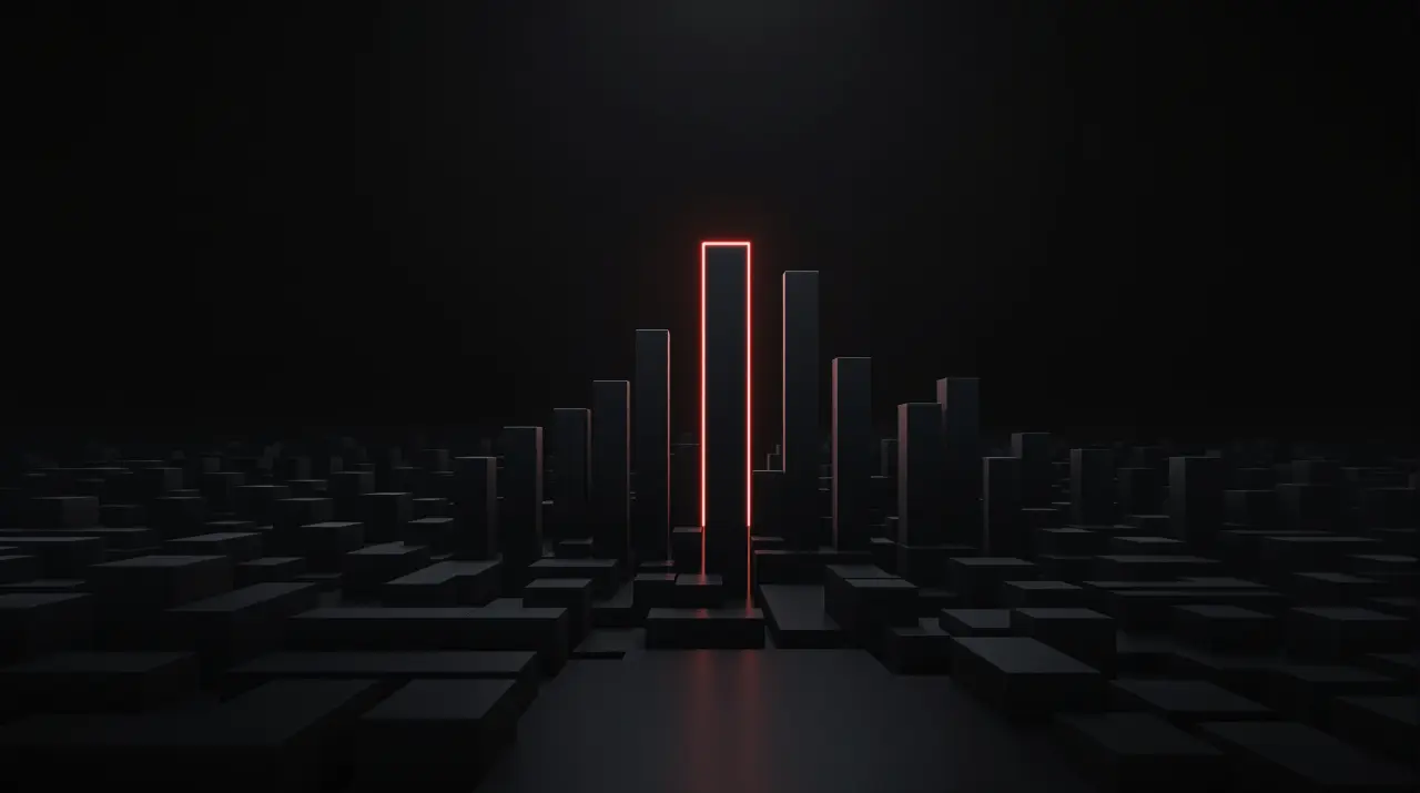 A row of identical gray columns, one taller and outlined in red stands out from the line