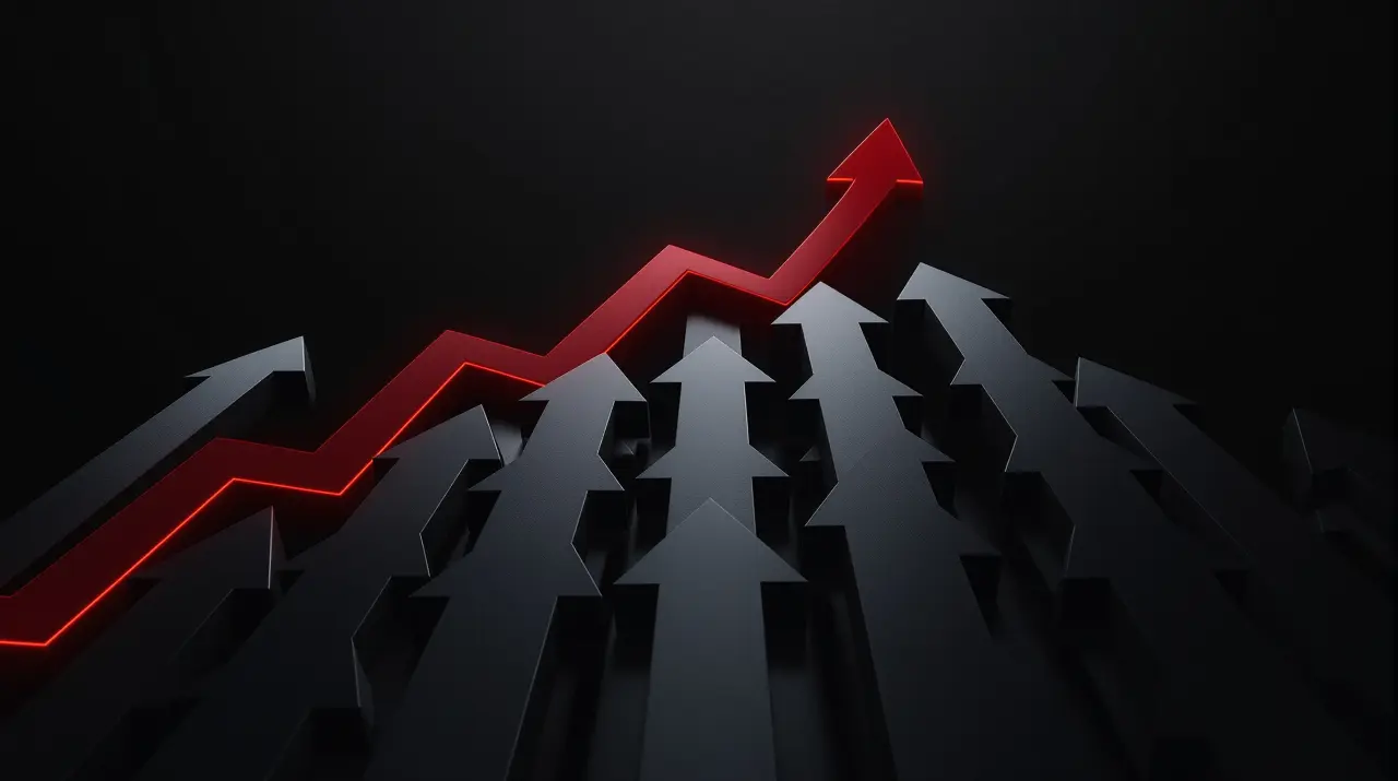 Gray arrows descending in a race toward the bottom, a red arrow rising in a different direction