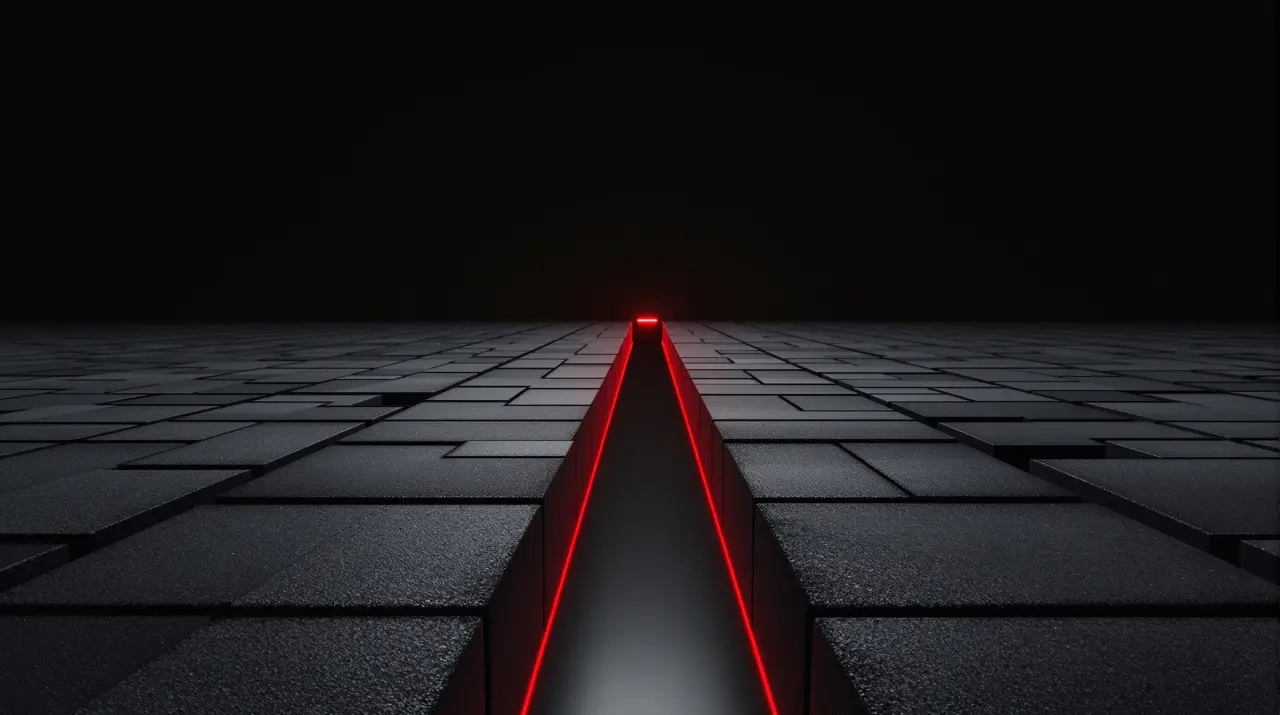 A clear red road cuts through a dense field of gray blocks toward a bright point