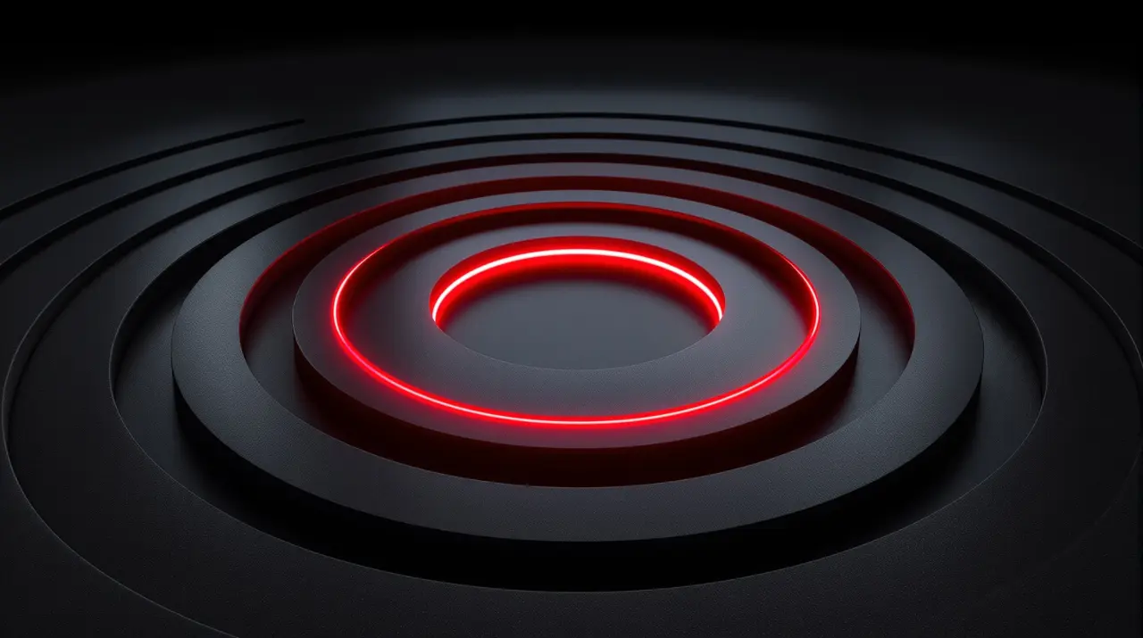 Concentric gray rings, a red one resonating outward through the gray field