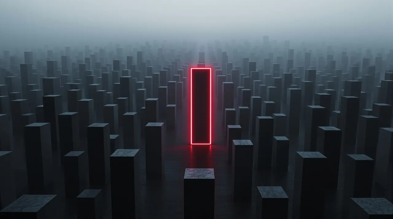 A field of identical gray monoliths in fog, a single one outlined in red