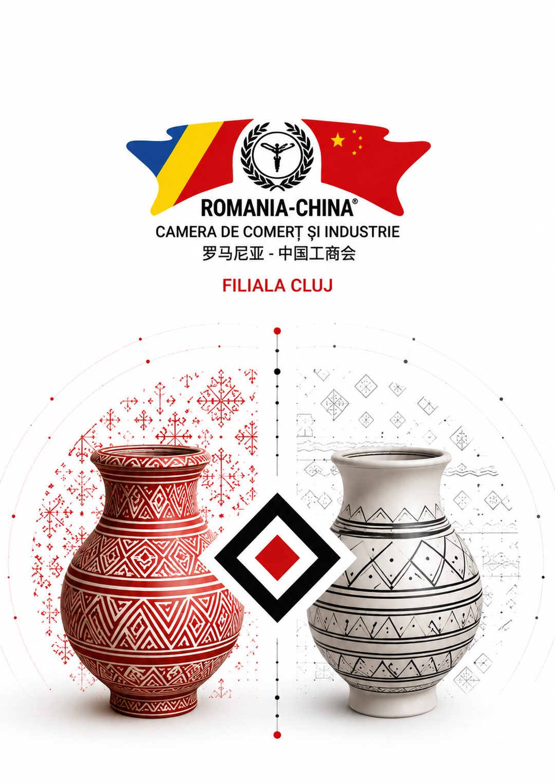 Cover of the Romania–China Chamber of Commerce brochure: the Cucuteni vessel and the Yangshao vessel face to face.