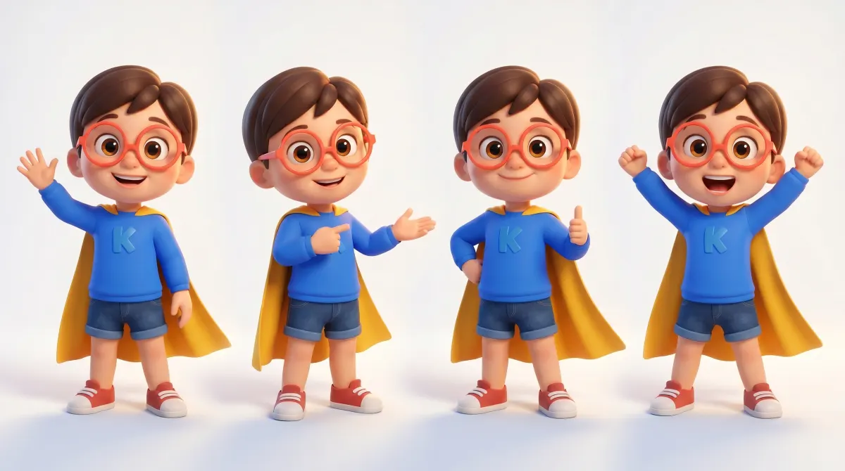 The KlariKid mascot in several poses, a recurring and recognizable presence