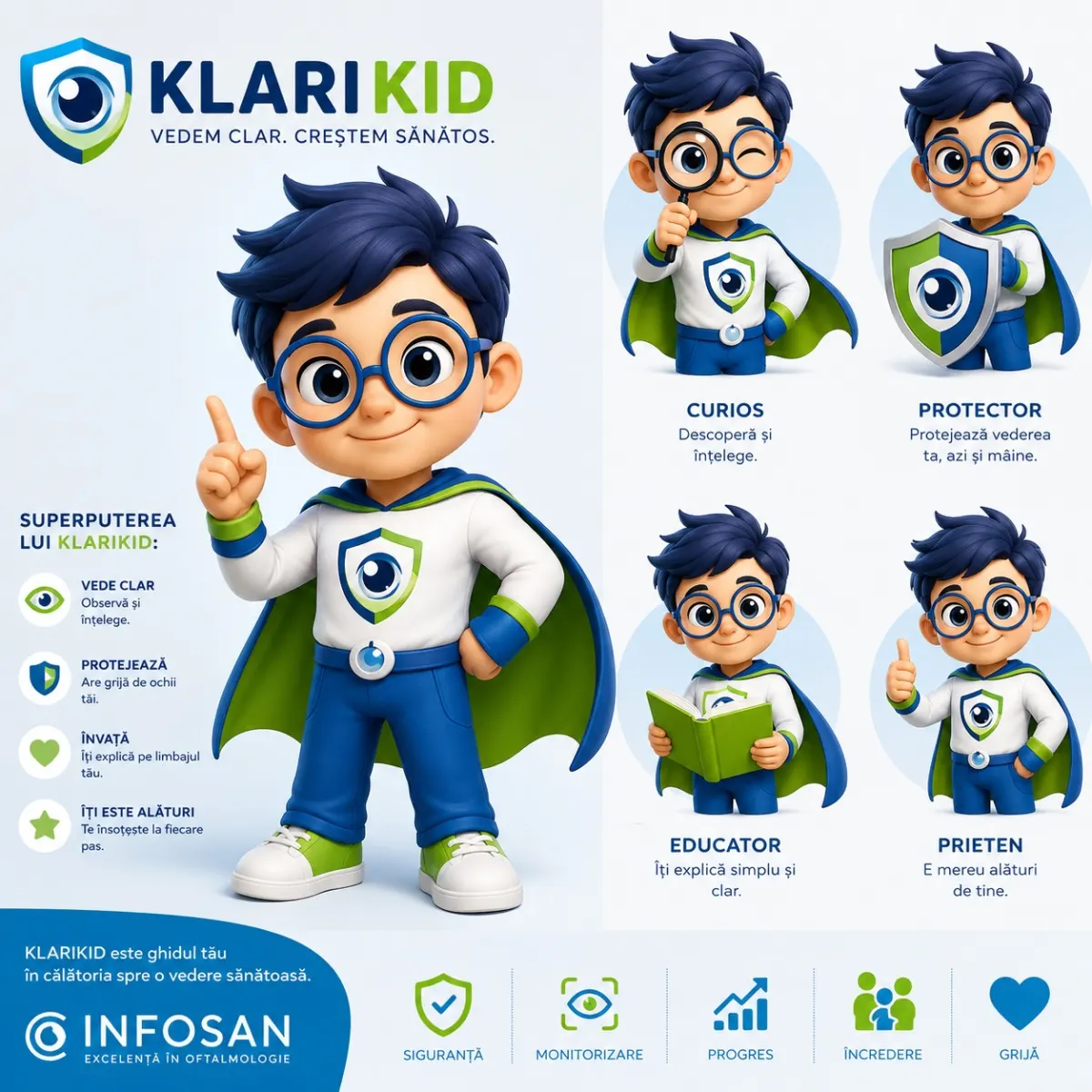 The KlariKid system: the mascot's superpowers, curious, protector, educator, friend, plus the attributes of safety, monitoring, progress, trust, care