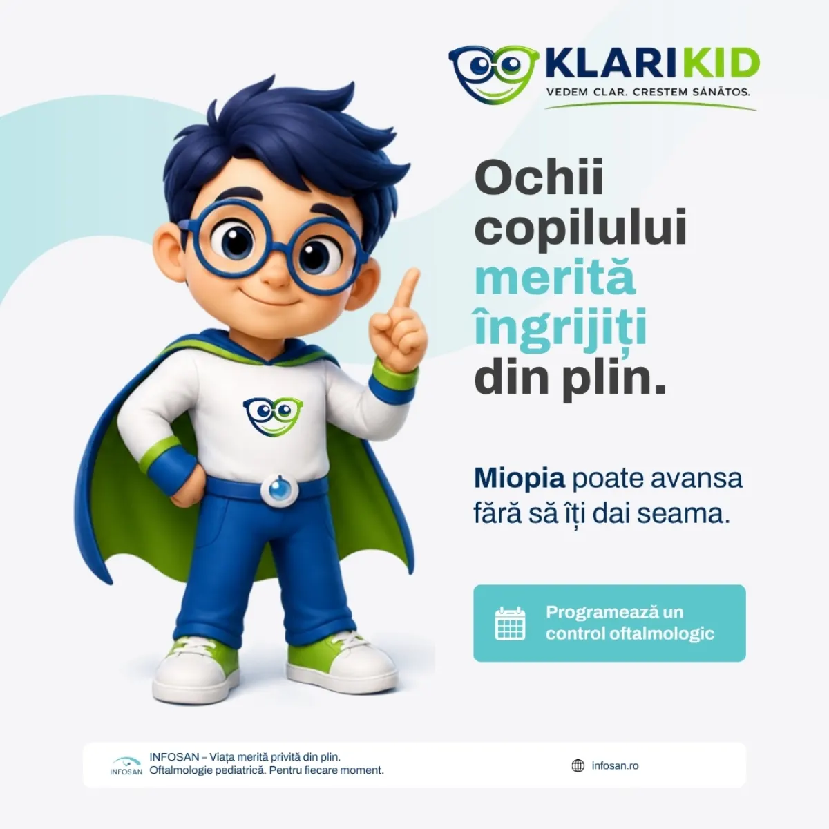 The same ad about myopia under the KlariKid category, with the educational mascot