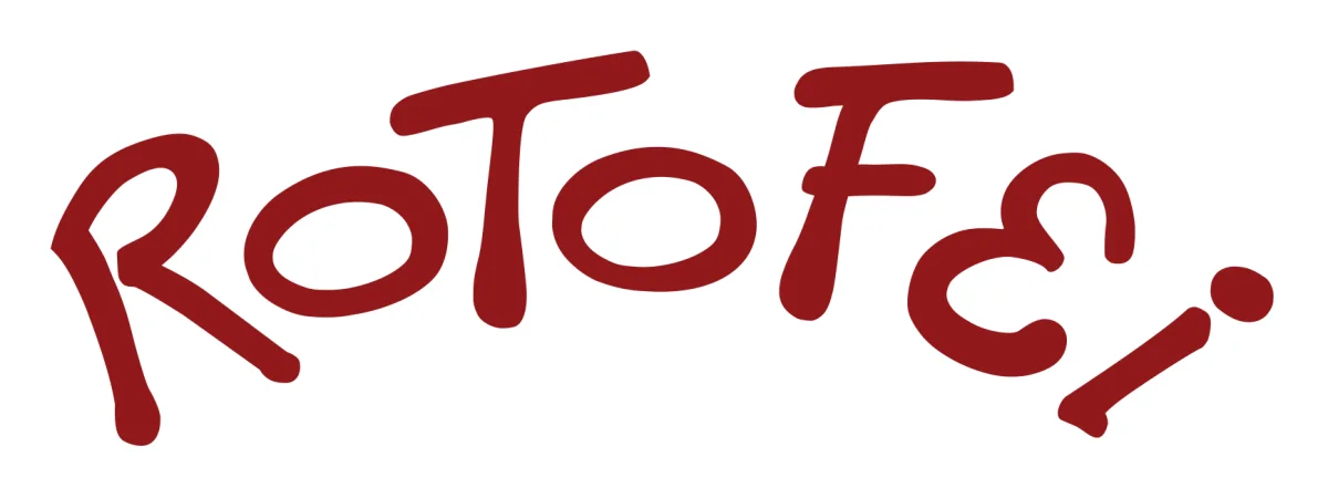 The ROTOFEI logotype, set in bold, rounded red letters along a concave curve